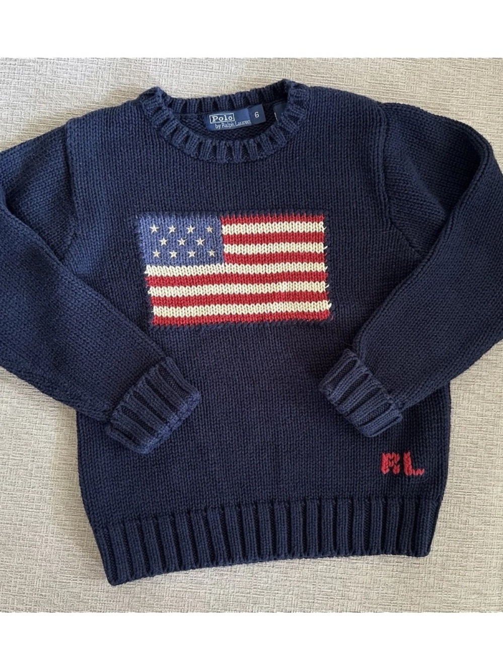 Ralph Lauren RL Polo American Flag Navy Crewneck Sweater Youth Kids Sz 6 unisex